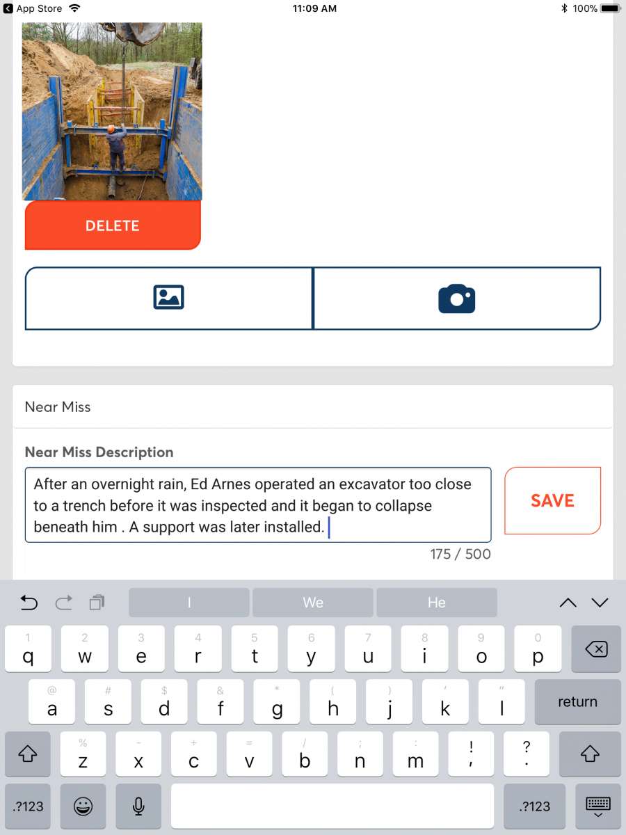 A near miss report example describing a near trench collapse incident