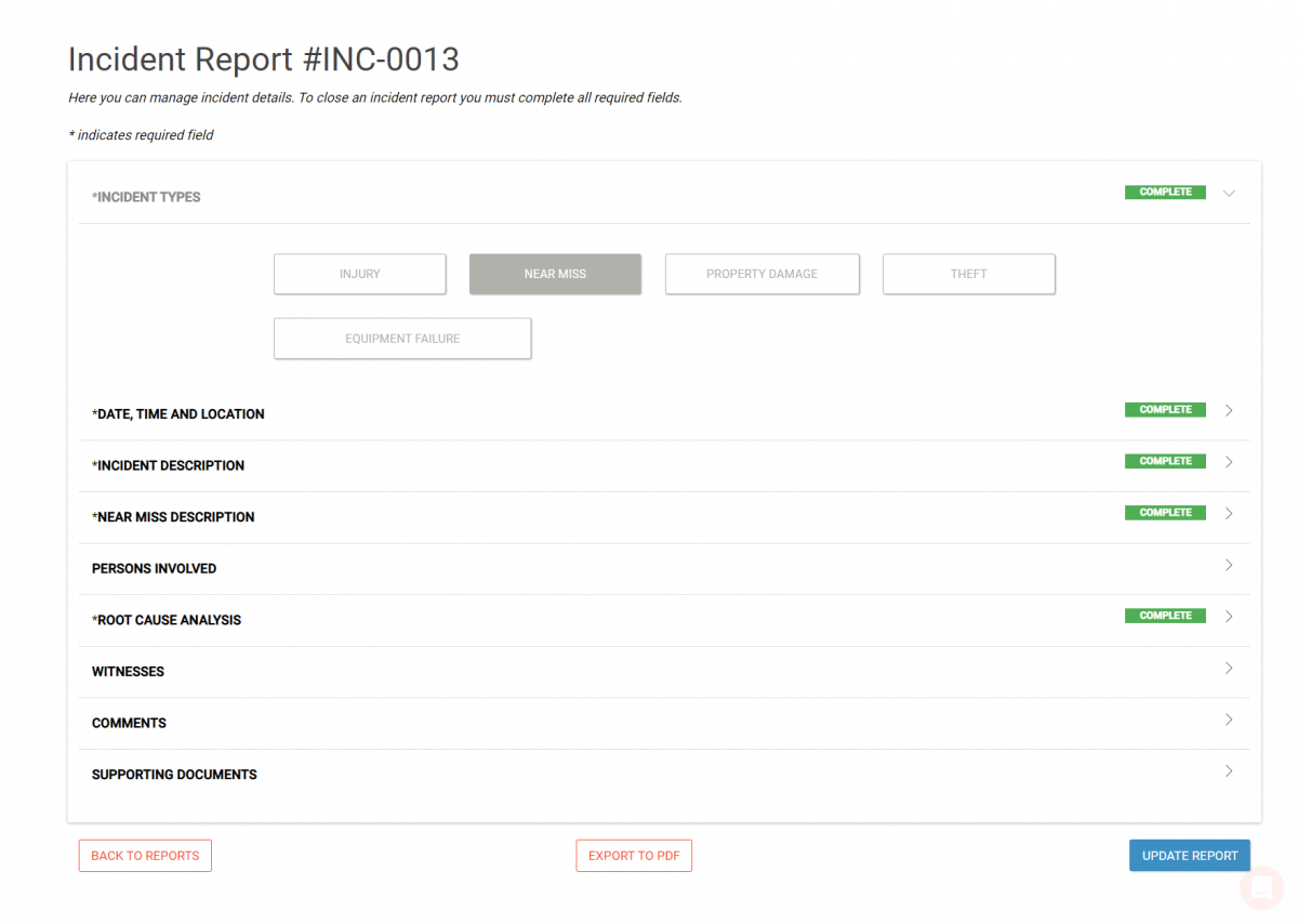 the desktop near miss report form on the safesite system