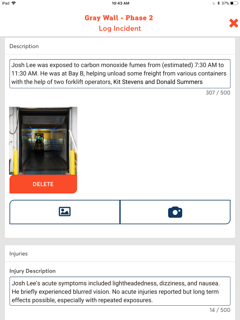 An incident report describing exposure to toxic levels of a gas through inhalation