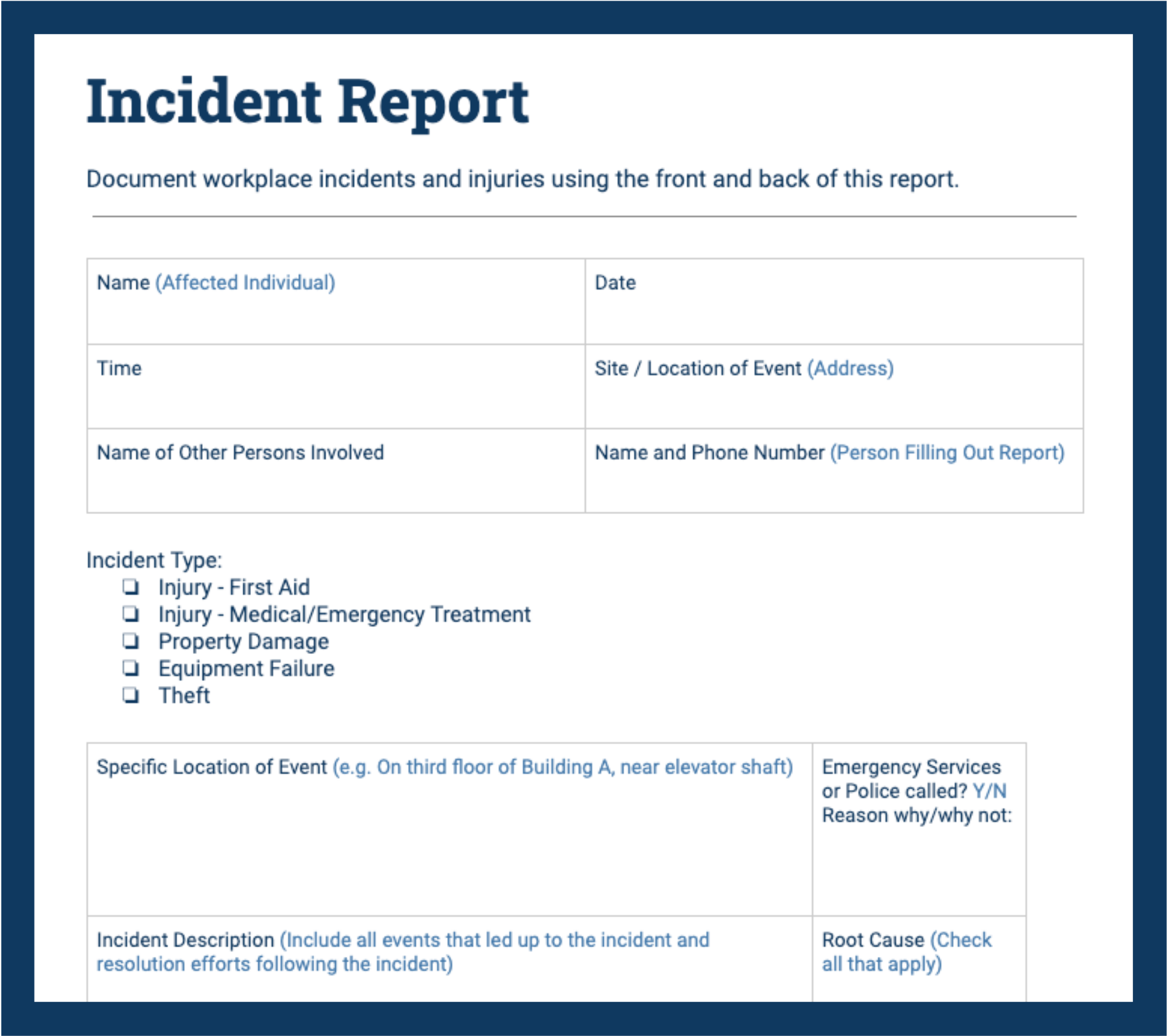 Template For Incident Report
