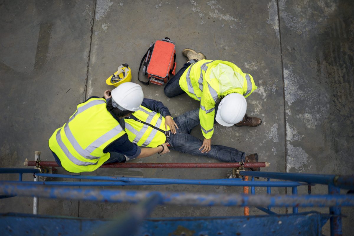 Basic First Aid Training For Support Accident In Site Work, Builder Accident Fall Scaffolding To The Floor, Safety Team Help Employee Accident.